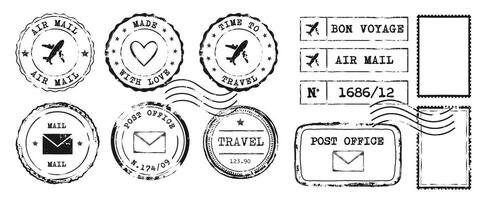 colección de Clásico postal sellos y matasellos presentando aviones, corazones, y texto, en negro tinta. retro grunge álbum de recortes elementos vector