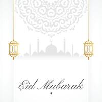 elegante eid Mubarak saludo tarjeta con mezquita y linterna diseño vector