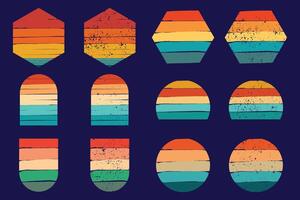 80s retro sunset with grunge texture, abstract vintage sunsets. 1980s style striped gradient sun in different shapes for logo design set vector