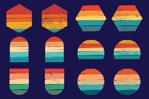 80s retro sunset with grunge texture, abstract vintage sunsets. 1980s style striped gradient sun in different shapes for logo design set vector