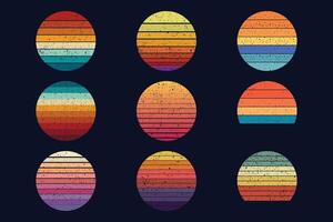 Retro vintage color background illustrations Shape 9 piece set. Vintage sunset collection in 70s 80s style. Regular and distressed retro sunset set vector