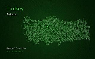 A map of Turkey depicted in zeros and ones in the form of a circle. The capital, Ankara, is shown in the center of the circle vector