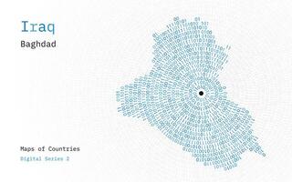 un mapa de Irak representado en ceros y unos en el formar de un círculo. el capital, bagdad, es mostrado en el centrar de el circulo vector