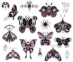 Mystical celestial butterflies and moths in boho style. Isolated cliparts on white background vector