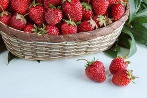 Ripe red strawberries. Berry in wicker basket photo