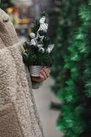 A woman in a fur coat with a small artificial Christmas tree in her hands in a store photo