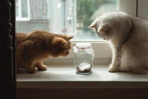 blanco y marrón gatos de el británico raza Mira a un mariposa ese moscas en un vaso tarro foto