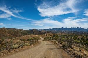 Outback Road with Mountainous Backdrop photo