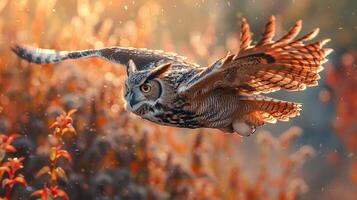 Owl in Flight Against a Fiery Sunset Sky photo