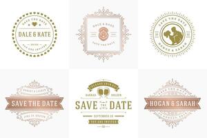 Boda invitaciones salvar el fecha logos y insignias elegante plantillas conjunto vector