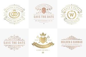 Boda invitaciones salvar el fecha logos y insignias elegante plantillas conjunto vector