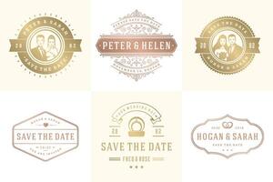 Boda invitaciones salvar el fecha logos y insignias elegante plantillas conjunto vector