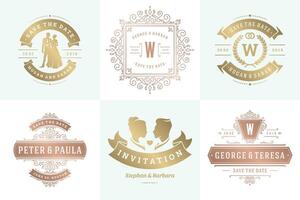 Boda invitaciones salvar el fecha logos y insignias elegante plantillas conjunto vector