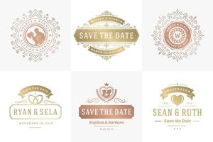 Boda invitaciones salvar el fecha logos y insignias elegante plantillas conjunto vector