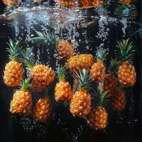 Pineapples falling in water with splash on black background. photo