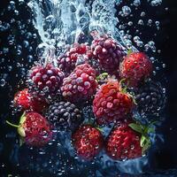 frutas frescas cayendo en agua con salpicaduras sobre fondo negro. foto