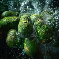 Avocados falling in water with splash on black background. photo