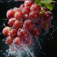 rojo uvas que cae en agua con chapoteo en negro antecedentes. foto