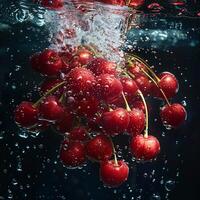 Berries falling in water with splash on black background. photo