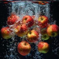 manzanas que cae en agua con chapoteo en negro antecedentes. foto