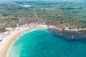 Horizon Haven Aerial Serenity Captures Beautiful Beach Sand from Above, a Tranquil Tapestry of Coastal Beauty photo