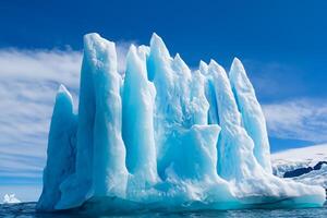 majestuoso hielo acantilados coronado por un frio atmósfera, enmarcado por el hermosa mar y cielo, prestidigitación un armonioso panorama de de la naturaleza glacial grandeza y oceánico esplendor foto