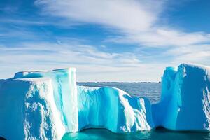 Majestic Ice Cliffs Crowned by a Cool Atmosphere, Framed by the Beautiful Sea and Sky, Conjuring a Harmonious Panorama of Nature's Icy Grandeur and Oceanic Splendor photo