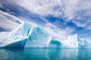 majestuoso hielo acantilados coronado por un frio atmósfera, enmarcado por el hermosa mar y cielo, prestidigitación un armonioso panorama de de la naturaleza glacial grandeza y oceánico esplendor foto