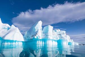 Majestic Ice Cliffs Crowned by a Cool Atmosphere, Framed by the Beautiful Sea and Sky, Conjuring a Harmonious Panorama of Nature's Icy Grandeur and Oceanic Splendor photo