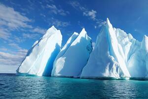 Majestic Ice Cliffs Crowned by a Cool Atmosphere, Framed by the Beautiful Sea and Sky, Conjuring a Harmonious Panorama of Nature's Icy Grandeur and Oceanic Splendor photo