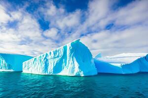 Majestic Ice Cliffs Crowned by a Cool Atmosphere, Framed by the Beautiful Sea and Sky, Conjuring a Harmonious Panorama of Nature's Icy Grandeur and Oceanic Splendor photo