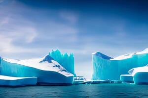 majestuoso hielo acantilados coronado por un frio atmósfera, enmarcado por el hermosa mar y cielo, prestidigitación un armonioso panorama de de la naturaleza glacial grandeza y oceánico esplendor foto