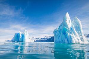 Majestic Ice Cliffs Crowned by a Cool Atmosphere, Framed by the Beautiful Sea and Sky, Conjuring a Harmonious Panorama of Nature's Icy Grandeur and Oceanic Splendor photo