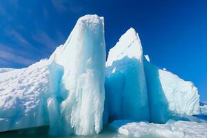 Majestic Ice Cliffs Crowned by a Cool Atmosphere, Framed by the Beautiful Sea and Sky, Conjuring a Harmonious Panorama of Nature's Icy Grandeur and Oceanic Splendor photo