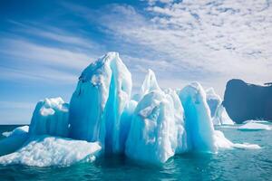 majestuoso hielo acantilados coronado por un frio atmósfera, enmarcado por el hermosa mar y cielo, prestidigitación un armonioso panorama de de la naturaleza glacial grandeza y oceánico esplendor foto