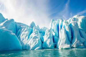 majestuoso hielo acantilados coronado por un frio atmósfera, enmarcado por el hermosa mar y cielo, prestidigitación un armonioso panorama de de la naturaleza glacial grandeza y oceánico esplendor foto