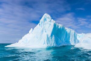 majestuoso hielo acantilados coronado por un frio atmósfera, enmarcado por el hermosa mar y cielo, prestidigitación un armonioso panorama de de la naturaleza glacial grandeza y oceánico esplendor foto