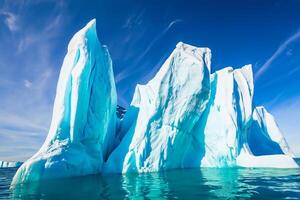 majestuoso hielo acantilados coronado por un frio atmósfera, enmarcado por el hermosa mar y cielo, prestidigitación un armonioso panorama de de la naturaleza glacial grandeza y oceánico esplendor foto