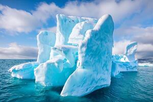 Majestic Ice Cliffs Crowned by a Cool Atmosphere, Framed by the Beautiful Sea and Sky, Conjuring a Harmonious Panorama of Nature's Icy Grandeur and Oceanic Splendor photo