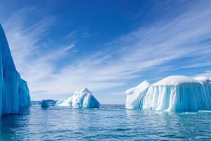 majestuoso hielo acantilados coronado por un frio atmósfera, enmarcado por el hermosa mar y cielo, prestidigitación un armonioso panorama de de la naturaleza glacial grandeza y oceánico esplendor foto