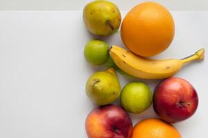 Card and White Paper Mockup Harmonized with Fresh Fruit, Crafting a Visual Symphony of Artful Design and Culinary Delight, Where Wholesome Ingredients Merge in a Feast of Vibrant Imagery photo