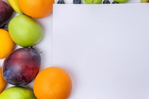 Card and White Paper Mockup Harmonized with Fresh Fruit, Crafting a Visual Symphony of Artful Design and Culinary Delight, Where Wholesome Ingredients Merge in a Feast of Vibrant Imagery photo