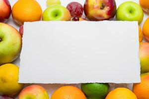 tarjeta y blanco papel Bosquejo armonizado con Fresco fruta, elaboración un visual sinfonía de ingenioso diseño y culinario deleitar, dónde saludable ingredientes unir en un banquete de vibrante imágenes foto