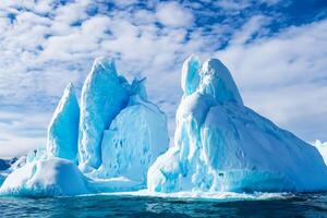 Majestic Ice Cliffs Crowned by a Cool Atmosphere, Framed by the Beautiful Sea and Sky, Conjuring a Harmonious Panorama of Nature's Icy Grandeur and Oceanic Splendor photo