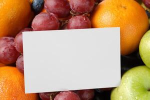 tarjeta y blanco papel Bosquejo armonizado con Fresco fruta, elaboración un visual sinfonía de ingenioso diseño y culinario deleitar, dónde saludable ingredientes unir en un banquete de vibrante imágenes foto