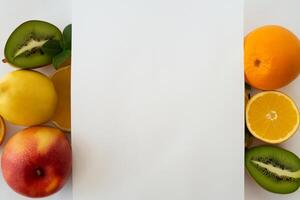 tarjeta y blanco papel Bosquejo armonizado con Fresco fruta, elaboración un visual sinfonía de ingenioso diseño y culinario deleitar, dónde saludable ingredientes unir en un banquete de vibrante imágenes foto