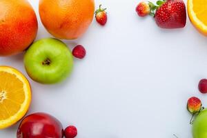 tarjeta y blanco papel Bosquejo armonizado con Fresco fruta, elaboración un visual sinfonía de ingenioso diseño y culinario deleitar, dónde saludable ingredientes unir en un banquete de vibrante imágenes foto