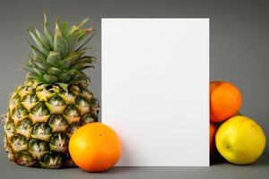 tarjeta y blanco papel Bosquejo armonizado con Fresco fruta, elaboración un visual sinfonía de ingenioso diseño y culinario deleitar, dónde saludable ingredientes unir en un banquete de vibrante imágenes foto