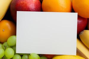 tarjeta y blanco papel Bosquejo armonizado con Fresco fruta, elaboración un visual sinfonía de ingenioso diseño y culinario deleitar, dónde saludable ingredientes unir en un banquete de vibrante imágenes foto