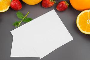 tarjeta y blanco papel Bosquejo armonizado con Fresco fruta, elaboración un visual sinfonía de ingenioso diseño y culinario deleitar, dónde saludable ingredientes unir en un banquete de vibrante imágenes foto